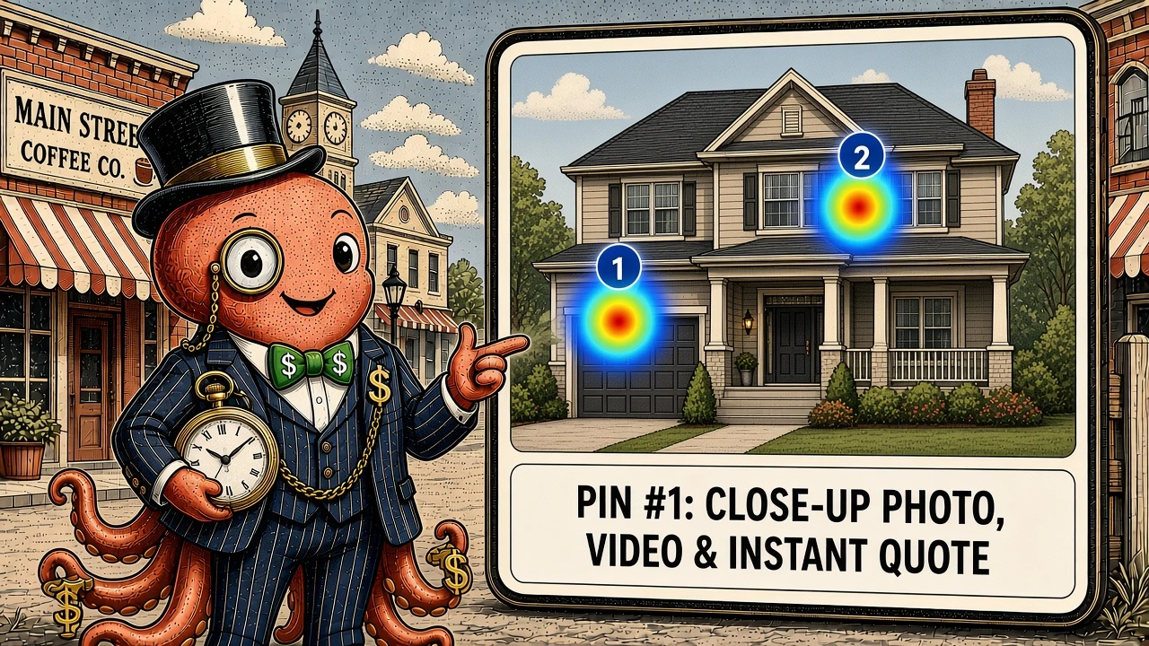 iQ Hotspots WSJ Stipple Octopus Mascot with Green Dollar Bow Tie and Gold Pocket Watch pointing to Pin #1 on the interactive showcase